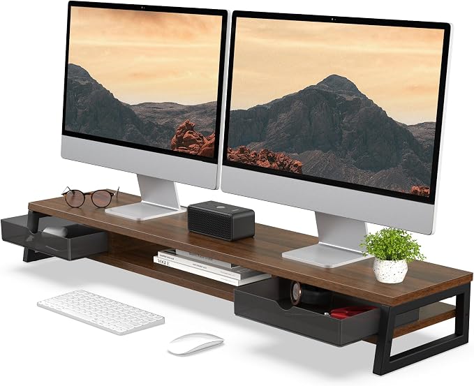 Fenge Dual Monitor Stand, Monitor Riser with Drawer, 42.5 Inch Large Computer Monitor Stand for 2 Monitors, 2 Tier Wooden Desk Shelf for Top of Desk by Fenge