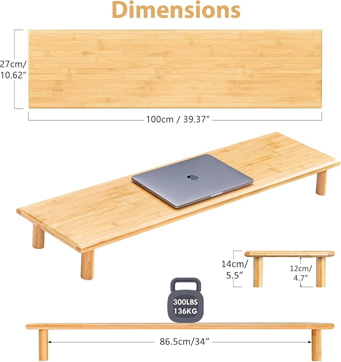 Bamboo Dual Monitor Shelf, Monitor Stand Riser with Underneath Storage for Desk Office Supplies, Supports Heavy TV up to 300 lbs, Natural - Image 4