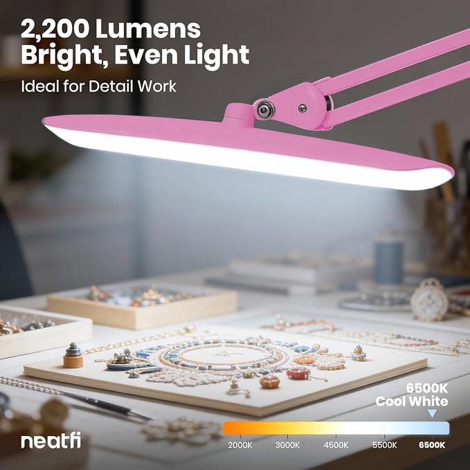 Neatfi XL 2200 Lumens 24W LED Desk Lamp – Shadow-Free Task Lighting | 4-Level Dimming | Home Office & Crafts Use | 20-Inch Wide Head (Pink, Non-CCT with Clamp) - Image 6