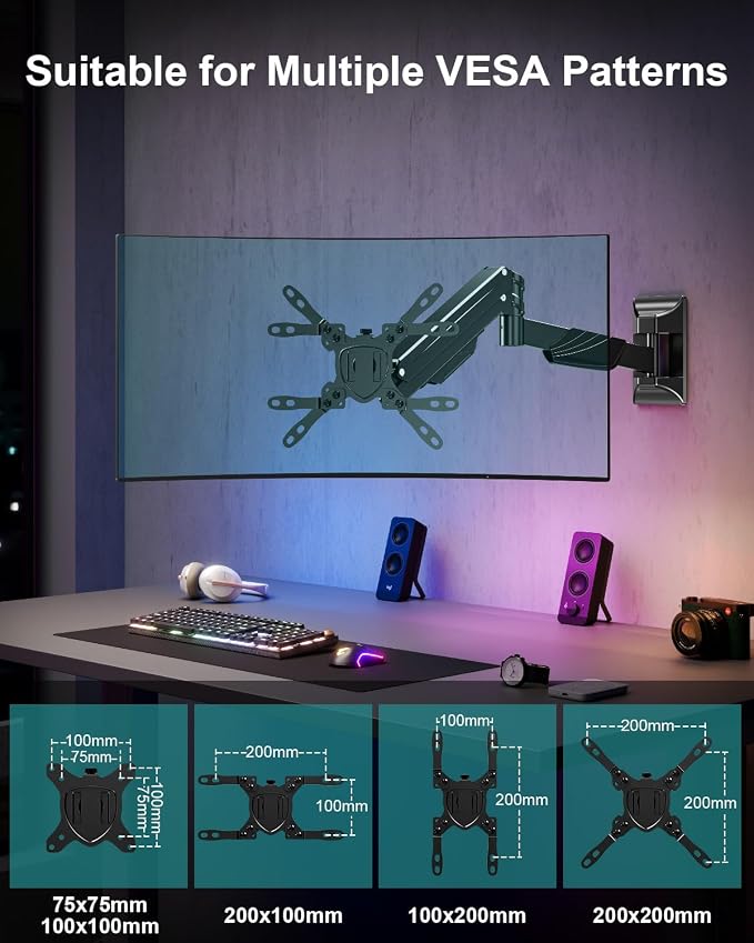 MOUNT PRO Monitor Wall Mount for 17-43" Ultrawide Screens, Single Wall Mount Monitor Arm Holds up to 33.1 lbs, Full Motion Adjustable Wall Bracket with VESA Extension Kit, VESA Mount Max 200x200mm - Image 6