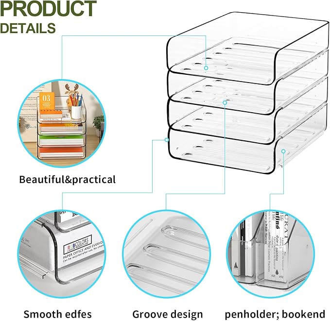 FANXIYQ 4-Tier Acrylic Paper Tray Organizer, Clear Stackable Desk File Organizer for Documents, Files, Letters, A4 Paper, Books, Notes, Mail & Paper Storage, Office Classroom Home - Image 8