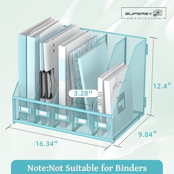 SUPEASY Desk Organizers Metal Desk Magazine File Holder with 5 Vertical Compartments Rack File Organizer for Office Desktop, Classroom, Home Workspace, Blue - Image 3