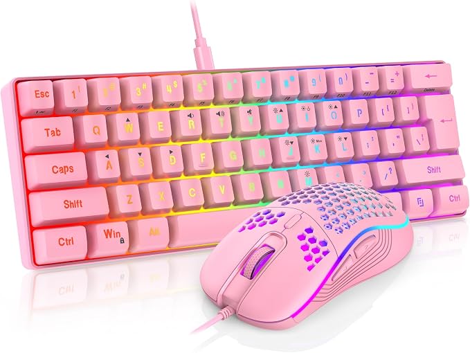 RedThunder 60% Gaming Keyboard and Mouse Combo, Ultra-Compact 61 Keys RGB Backlit Mini Keyboard, Lightweight 7200 DPI Honeycomb Optical Mouse, RGB Wired Gaming Set for PC MAC PS5 Xbox Gamer(Pink) by RedThunder