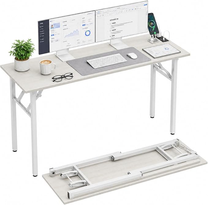 Folding Table Computer Desk - 55.1" No Assembly Folding Desk with Power Outlets & USB Charging Port, Small Desk, Foldable Office Desk, Compact Storage Portable Use for Small Space, White Ash by HMFOR
