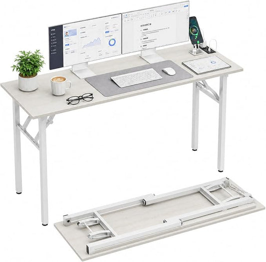 Folding Table Computer Desk - 55.1" No Assembly Folding Desk with Power Outlets & USB Charging Port, Small Desk, Foldable Office Desk, Compact Storage Portable Use for Small Space, White Ash by HMFOR