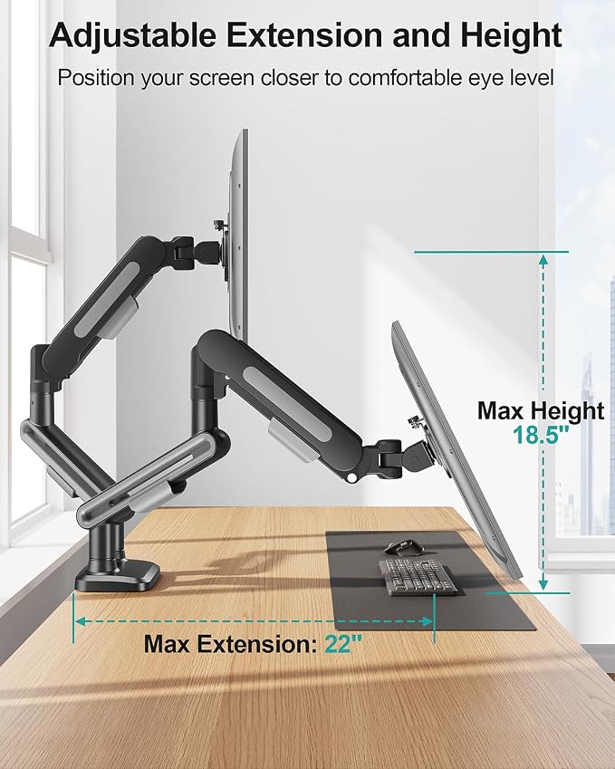 MOUNT PRO Dual Monitor Desk Mount, Pneumatic Monitor Arms for 2 Monitors Max 39 Inches, Adjustable Dual Computer Monitor Stand Each Arm Holds up to 26.5lbs, VESA Mount with C Clamp & Grommet Base - Image 4