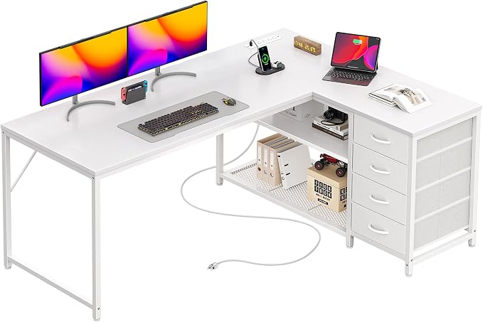 PRAISUN 53" L Shaped Desk with Power Outlets & USB-C Port, Reversible Computer Corner Office Desk with 4 Fabric Drawers and 2 Storage Shelves, Large Desk for Gaming Writing Work Study, White by PRAISUN
