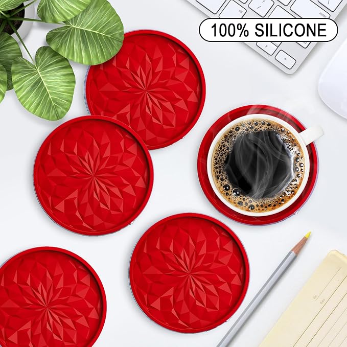 ME.FAN Silicone Coasters with Holder,[6 Pack] Drinking Coasters - Cup Mat for Hot or Cold Drinks, Thickened, Non-Slip, Non-stick,Deep Tray Red - Image 2