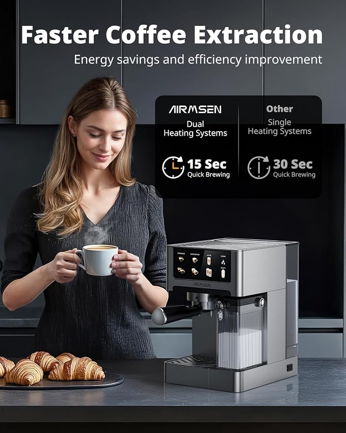 AIRMSEN 20 Bar Espresso Machine with Automatic Milk Frother, Cappuccino & Latte Coffee Maker with Quick Brew Dual Boiler (1350W + 1000W), Stainless Steel, 60oz Water Tank, Touchscreen - Image 8