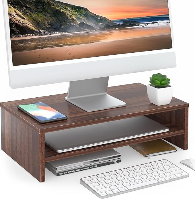 FITUEYES Monitor Stand - 2 Tier Computer Monitor Riser Shelf, Wood Desktop Stand for Laptop Computer Screen, Desk Organization, Office Supplies by FITUEYES