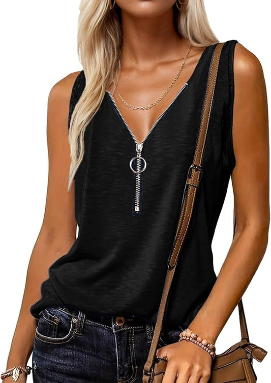 Halife Womens Half Zip V Neck Tank Tops Summer Sleeveless Shirts Casual Loose Top Blouses T Shirts by Halife