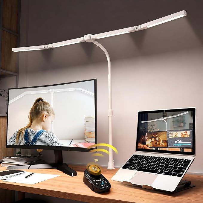 Adjustable LED Desk Lamp with Clamp, 4-Head Eye-Caring CRI95+ Desk Light, Stepless Dimming & Color Temp Remote Control, Flexible Neck, 5-Mode for Reading, Computer, Crafting, 90" Wide Desk Coverage by SANDROYVOLT
