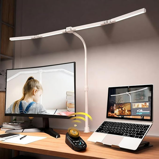 Adjustable LED Desk Lamp with Clamp, 4-Head Eye-Caring CRI95+ Desk Light, Stepless Dimming & Color Temp Remote Control, Flexible Neck, 5-Mode for Reading, Computer, Crafting, 90" Wide Desk Coverage by SANDROYVOLT