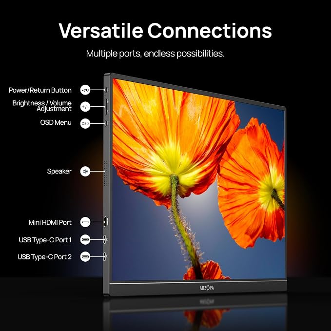 ARZOPA 16" 2.5K Portable Monitor, 2560x1600 QHD IPS Display 123% sRGB with Built-in Stand USB-C HDMI Eye Care External Second Screen for Mac Laptop Phone PS4/5 Xbox Switch -Z1RC - Image 8