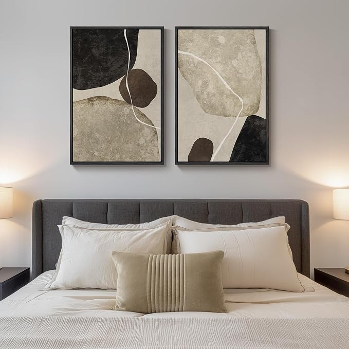 Framed Neutral Abstract Wall Art, 2 Piece Large Modern Black Beige Brown Canvas Prints Paintings Artwork for Walls, Minimalist Stone Shape Pictures for Living Room Dining Bedroom Wall Decor 20x30 In - Image 4