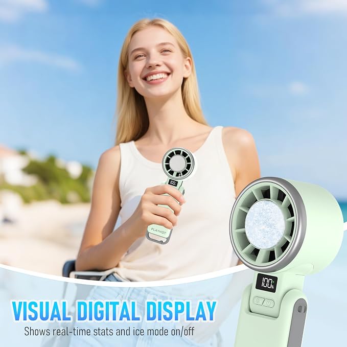 PlayHot Upgraded Portable Handheld Fan with 60°F Ice Cooling, Up tp 12Hrs Hand Held Portables Fans, 5 Speed 25550RPM Powerful Portable Fan Handheld, Hand/Neck/Desk Fan 3 IN 1(Green) - Image 7