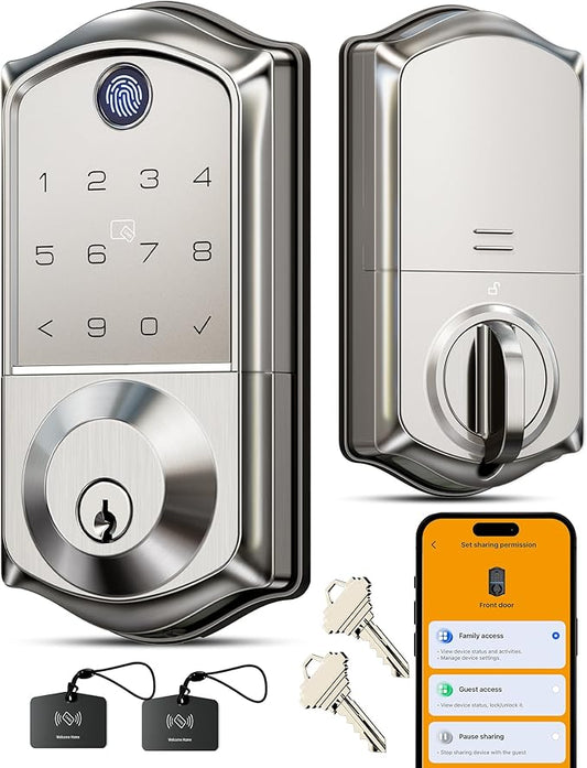 Veise VE017 Fingerprint Smart Door Lock, App Control, 8-in-1 Keyless Entry, Auto Lock, Emergency Power Port, Electronic Touchscreen Keypad, Biometric Smart Locks for Front Door, Satin Nickel by Veise