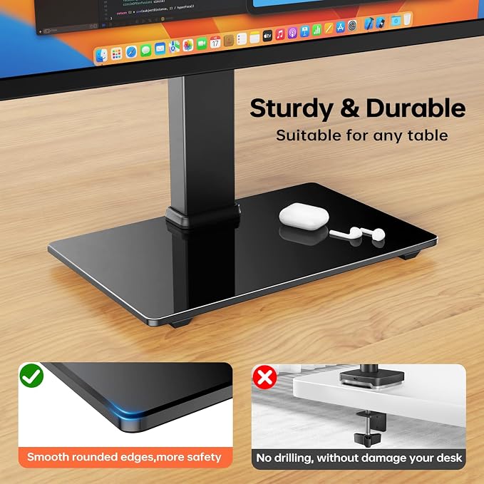 Afaloona Freestanding Single Monitor Stand for 13-32 Inch Monitor, No Clamp | Max Load 77lbs | Tempered Glass Base | ±25° Swivel | -5° to +10° Tilt | 360° Rotation | 4 Height Options | VESA 75×75/100×100 - Image 3