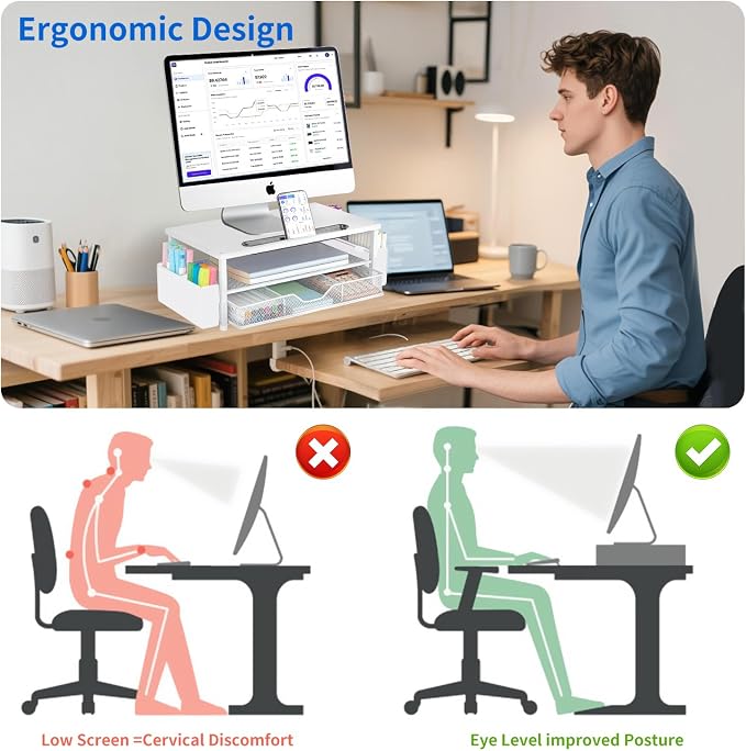 AUPSEN White Monitor Stand Riser, 2-Tier Wood Computer Desk Organizer with Drawer, Pen Storage & Phone Holder, Office Desk Accessories Desktop Organizer for Office Supplies - Image 2