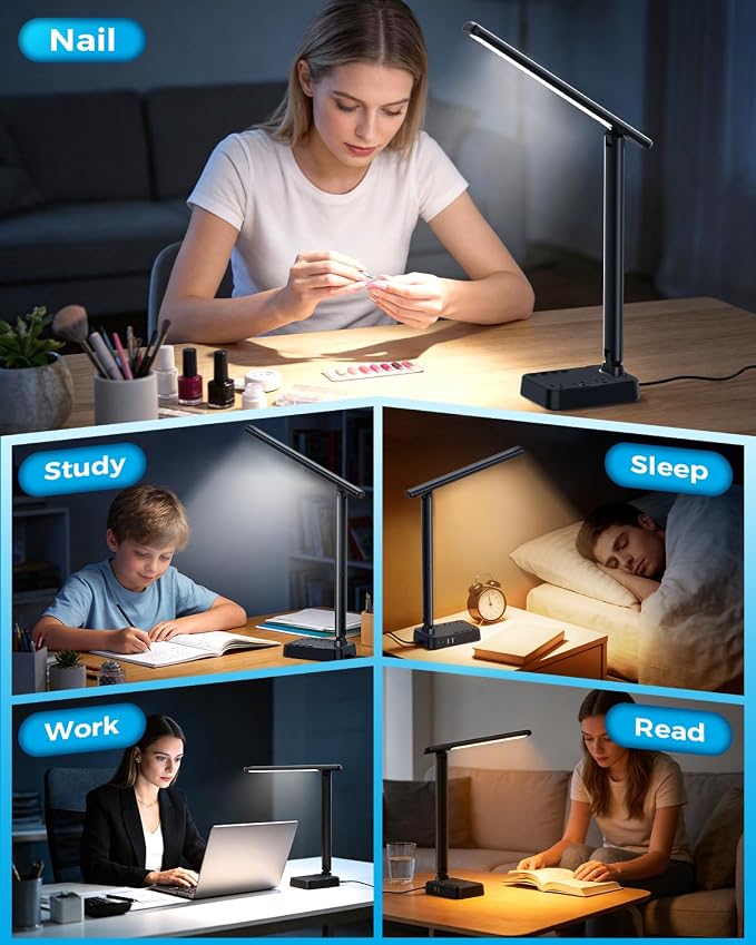 LED Desk Lamp with Power Strip, 3 AC Outlets, 4 USB Ports, Stepless Dimming | 2800K-6500K Color, 2 USB-C, Foldable Design, Timer & Memory, Study, Home Office & College Dorm - Image 8