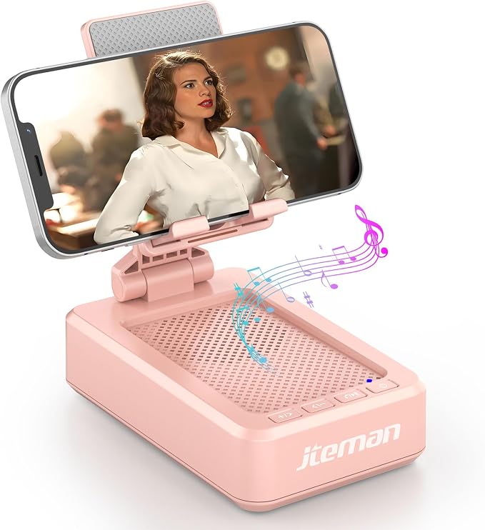 JTEMAN Cell Phone Stand with Bluetooth Speaker,Birthday Gifts for Women and Men,Kitchen Gadgets for Men,Compatible for iPhone/Samsung/Mini iPad - Pink by jteman