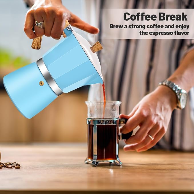 9 Cup Aluminum Moka Pot Classic Stovetop Espresso Coffee Maker 450ml 15oz Coffeemaker Percolator Mocha Pot Greca Coffee Maker Cafe Makers for Italian and Cuban Café Brewing Blue - Image 9