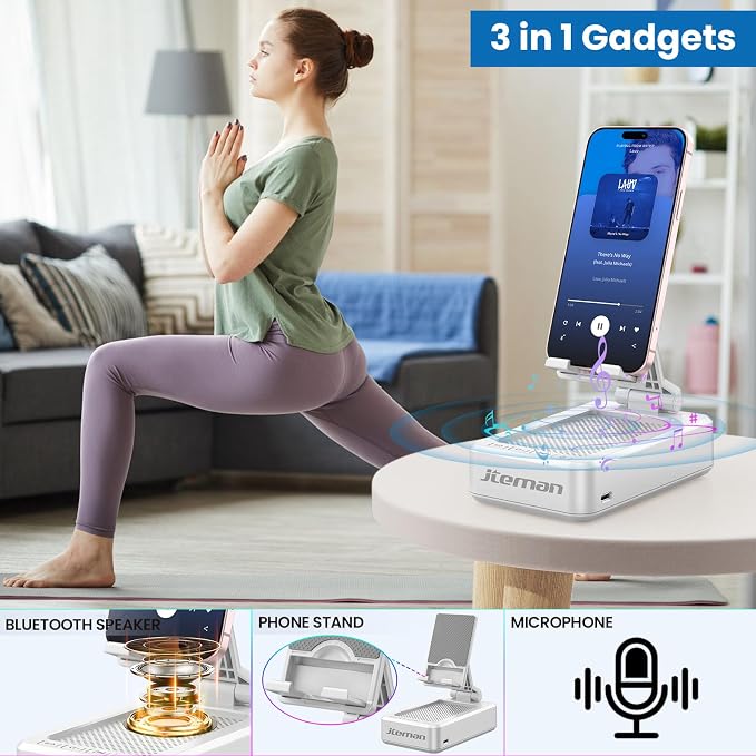 JTEMAN Portable Phone Stand with Speaker Bluetooth Wireless,Gifts for Men Women,Birthday for Women,Kitchen Gadgets for Men,Phone Holder for Desk - White - Image 2