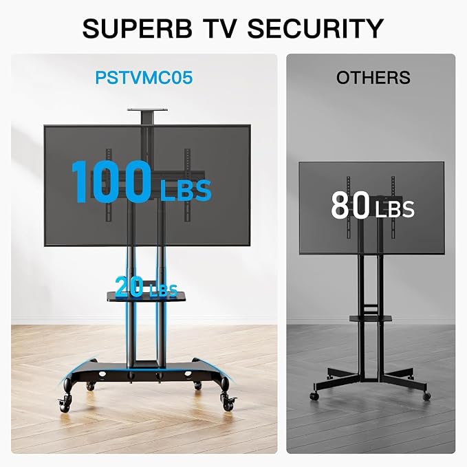 PERLESMITH Rolling TV Stand with Wheels for 32-85 Inch LCD LED 4K Flat Screen TVs, Tilt Mobile TV Cart with Shelf Holds Up to 100 lbs, Height Adjustable Floor TV Stand Max VESA 600x400mm- PSTVMC05 - Image 3
