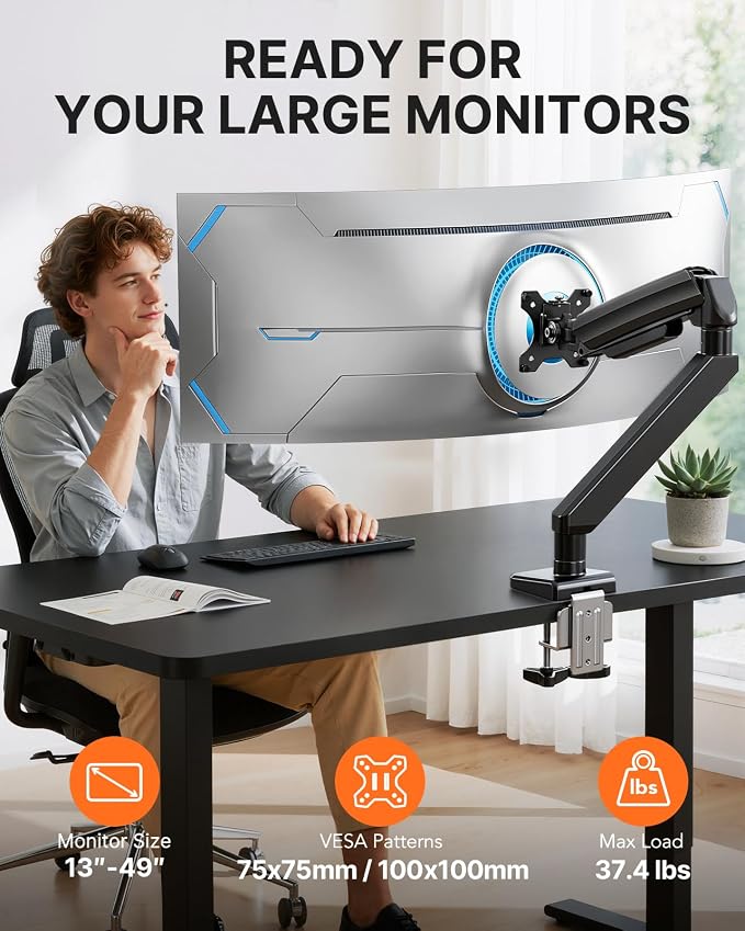 ErGear Heavy Duty Monitor Arm for 13-49″ Ultrawide Screens, 37.4 lbs Capacity, Full Motion Monitor Desk Mount, Rock-Solid Support, Dual C-Clamp & Grommet Mount, VESA 75x75/100x100mm - Image 2