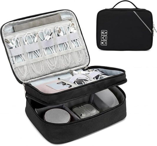 Lanola Electronic Organizer,Travel Cable Organizer Bag Pouch Electronic Accessories Carry Case Portable Double Layers Storage Bag for Cable,Cord,Charger,Phone,Earphone,Power Bank,Memory Cards - Black by Lanola