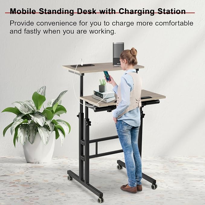 Hadulcet Mobile Standing Desk Adjustable Height with Charging Station | Standing Computer Desk, Standing Adjustable Laptop Cart with Wheels for Home Office Classroom Light Grey - Image 7