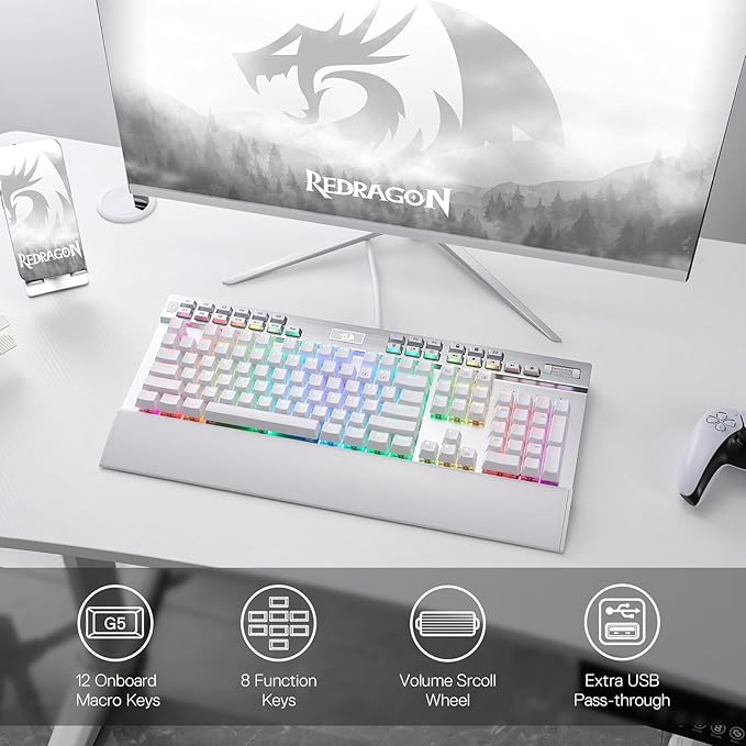 Redragon K550 RGB Gaming Keyboard, 104 Keys + 12 Macro G Keys Wired Mechanical Keyboard w/Aluminum Top Plate, Custom Clicky Purple Switch, Extra USB Port & Wrist Rest - Image 2