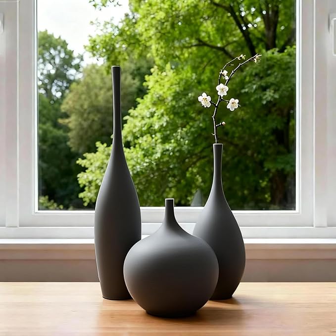 Relexome Black Ceramic Vase Modern Boho Wabi-Sabi Flower Vase Set of 3 Decorative Aesthetic Vases for Centerpieces Matte Minimalist Vases for Living Room Table Shelf Home Decor Gift - Image 3