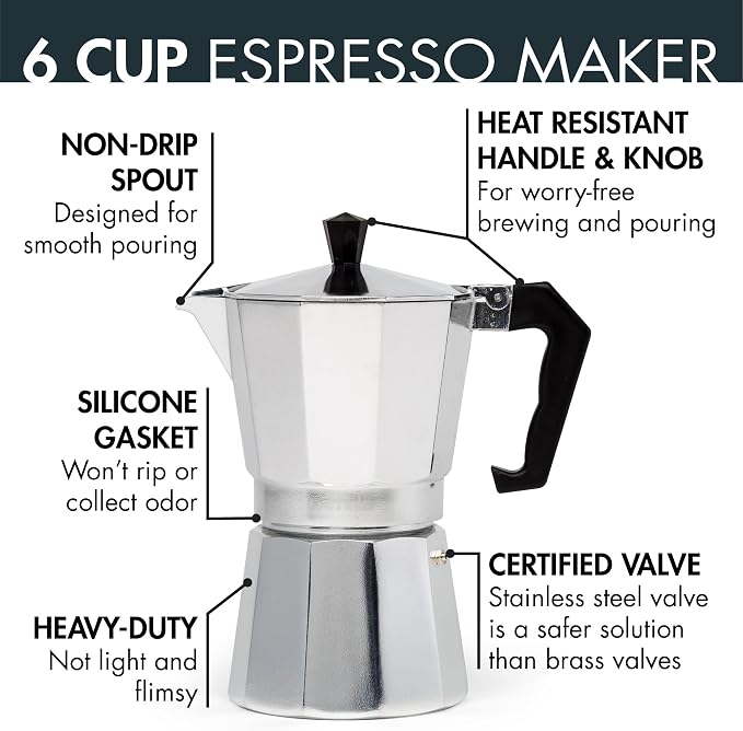 Primula Classic Stovetop Espresso and Coffee Maker, Moka Pot for Italian and Cuban Café Brewing, Greca Coffee Maker, Cafeteras, 6 Espresso Cups, Silver - Image 2