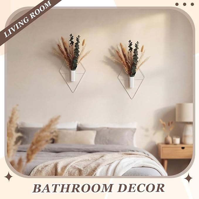 Jexine 8 Pcs Hanging Planters with Artificial Pampas Metal Hanging Vase Indoor Plants Holder Modern Geometric Boho Bathroom Wall Decor for Living Room Home Office(White) - Image 5
