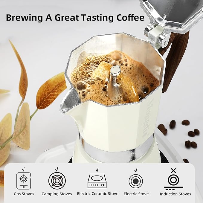 Mongdio Stovetop Espresso Maker Moka Pot, Cuban Coffee Maker Stove top coffee maker Moka Italian Espresso Greca Coffee Maker Brewer Percolator, 9 Espresso Cups, 15 oz - White - Image 6