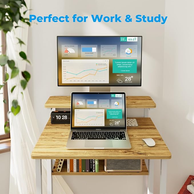 GreenForest Folding Desk with Adjustable Monitor Stand, 24.8 in Small Desk | Storage Shelf, Lockable Wheels, Portable, Space Saving, Mobile Rolling Table for Small Spaces, Home Office, Writing, Oak - Image 7