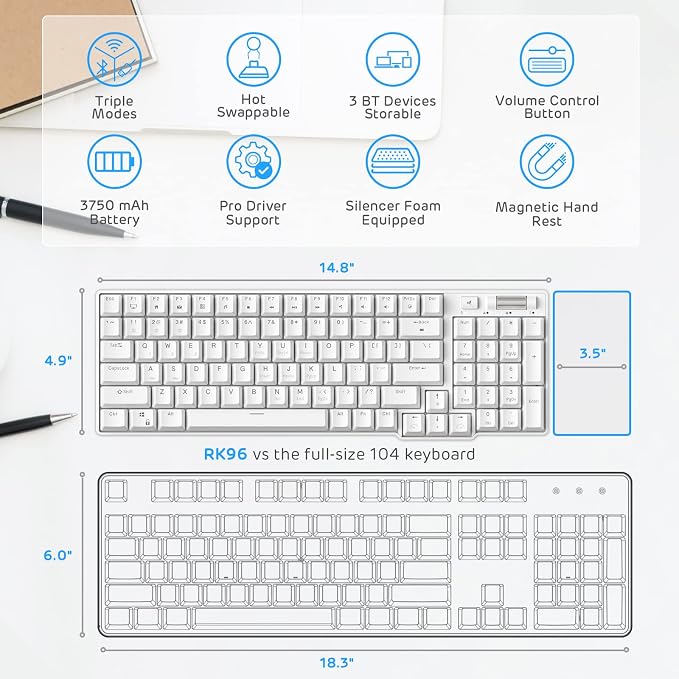 RK ROYAL KLUDGE RK96 Wireless Mechanical Keyboard with Magnetic Wrist Rest | 96 Keys Hot Swappable Wireless Gaming Keyboard with Software, Triple Mode BT5.0/2.4G/USB-C, Blue Backlight, Custom Switch - Image 2