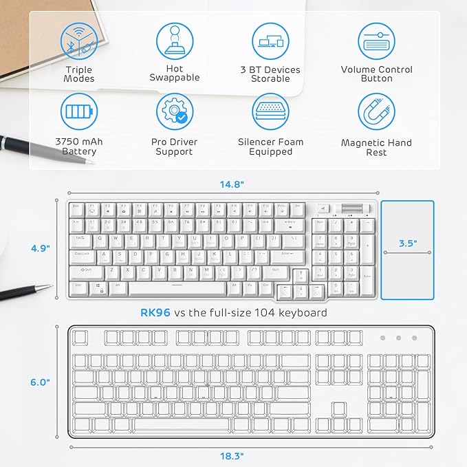 RK ROYAL KLUDGE RK96 Wireless Mechanical Keyboard with Magnetic Wrist Rest | 96 Keys Hot Swappable Wireless Gaming Keyboard with Software, Triple Mode BT5.0/2.4G/USB-C, Blue Backlight, Custom Switch - Image 2