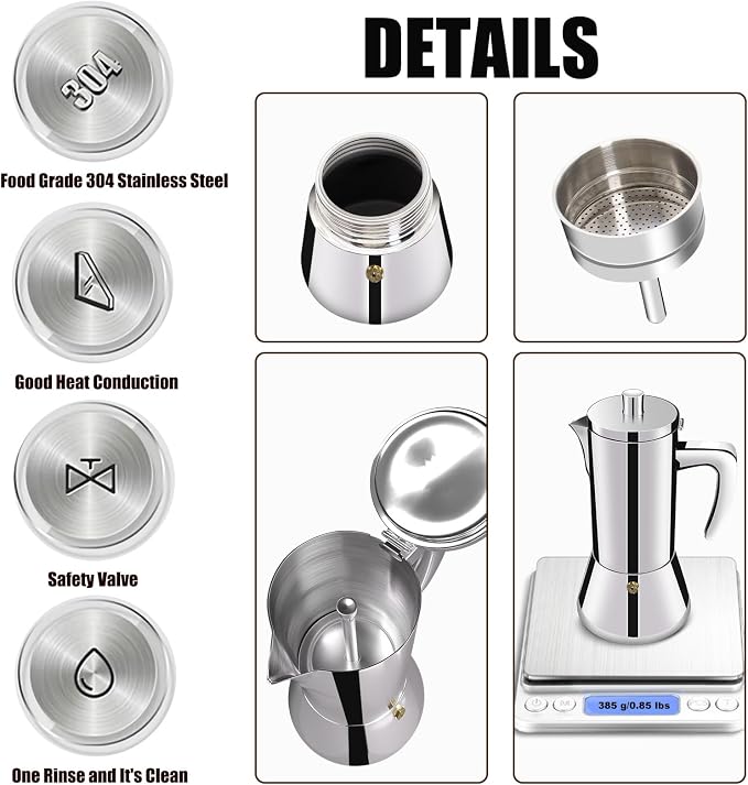 2 Cup Thickened 304 Stainless Steel Moka Pot Stovetop Espresso Maker Cafeteras Italian Percolator Espress Makers Capable Greca Mocha Coffee Machine for Induction Home and Camping 100ml 3.4oz - Image 7