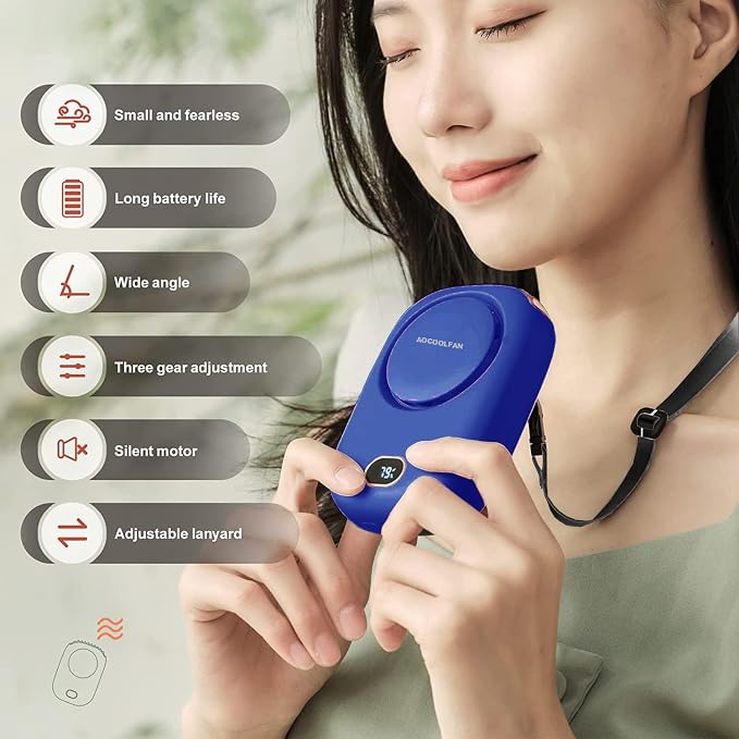 AOCOOLFAN Portable Neck Fan, Mini Small Personal Handheld Fan USB Rechargeable 3 Speed for Girls Boys Woman Eyelash Travel Home Office Outdoor (navy blue) - Image 2