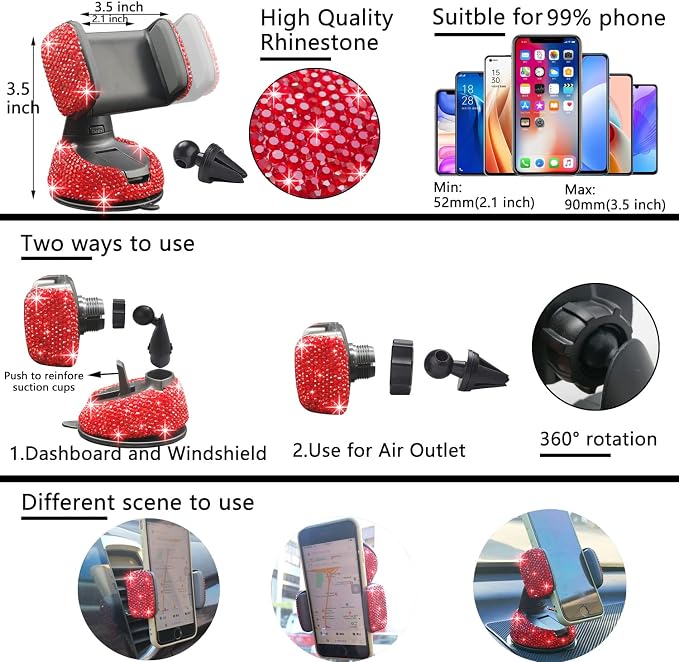 NBTEPEM 27 PCs Red Bling Car Accessories Set for Women, Steering Wheel Covers Universal Fit 15 Inch, Bling License Plate Frame, Bling Phone Holder, Bling Car Coasters (Red Diamond) - Image 5