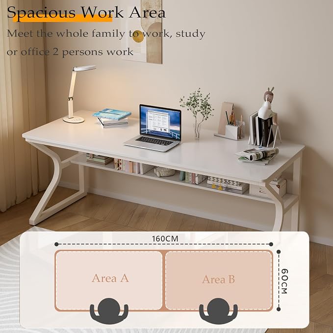 OSCHF 63-Inch Extra Long Desk with Storage Shelf, Warm White | Double Long Writing Table, Space-saving, 2-Person Workstation, Modern Study Work Computer Desk, For Home Office - Image 3