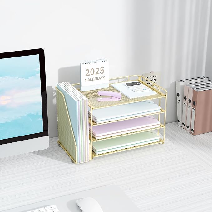 Spacrea Desk Organizers and Accessories, Paper Organizer for Desk with File organizer, Desk Accessories & Workspace Organizers for Office Supplies (Gold) - Image 4