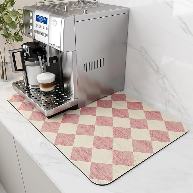 AMOAMI Coffee Mat Hide Stain Rubber Backed Absorbent Dish Drying Mat for Kitchen Counter - Fits Under Coffee Maker or Machine - PINK 12X19 by AMOAMI