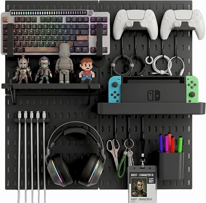Keepo Peg Board Wall Organizer for Gaming Setup, Pegboard with Adhesives & Screw Mounts, Includes Peg Board Accessories for Gaming Accessories, Tech Storage & Office Organization (Black, 22″×22″) by Keepo