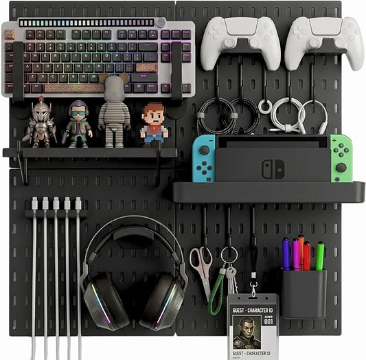 Keepo Peg Board Wall Organizer for Gaming Setup, Pegboard with Adhesives & Screw Mounts, Includes Peg Board Accessories for Gaming Accessories, Tech Storage & Office Organization (Black, 22″×22″) by Keepo
