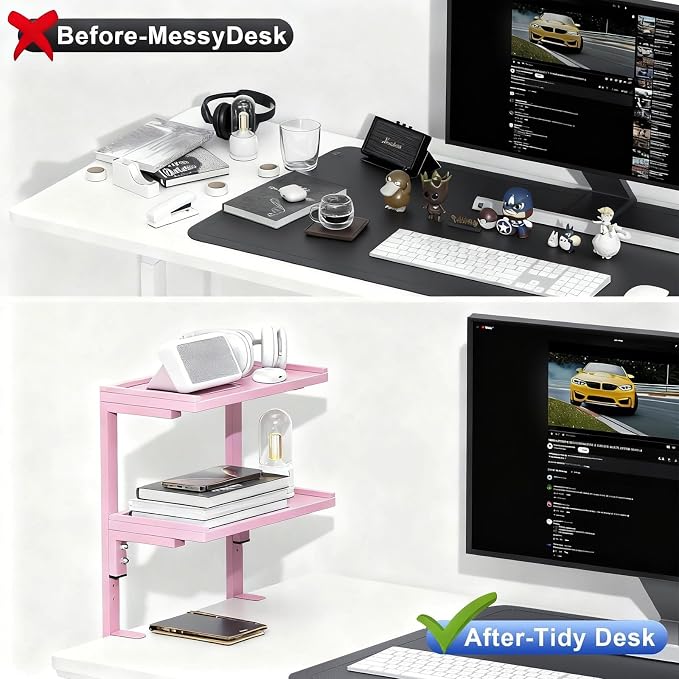 Spacrea Clamp on Desk Shelf, 2 Tier Office Desk Shelves Organizer, Wood Desktop Supplies Storage Rack, Desk Organizers and Accessories (Pink) - Image 3