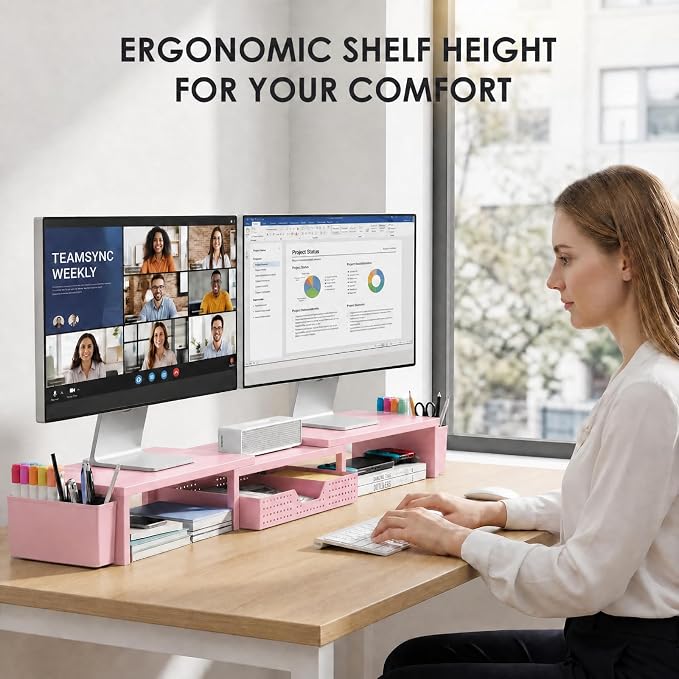 OPNICE Desk Organizers and Accessories, Dual Monitor Stand Riser with Drawer and 2 Pen Holders, Desk Shelf Wood Computer Racks for Office Workspace Organizers, Desktop Organization (Pink Wood) - Image 2
