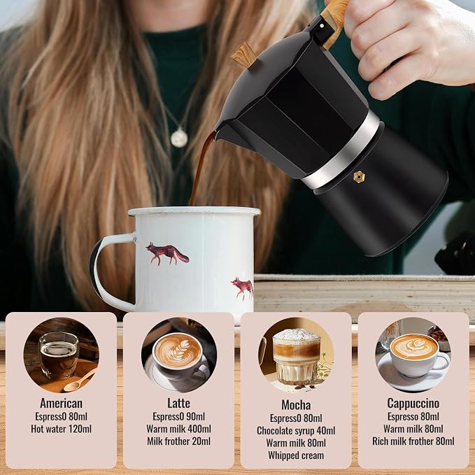 9 Cup Aluminum Moka Pot Classic Stovetop Espresso Coffee Maker 450ml 15oz Coffeemaker Percolator Mocha Pot Greca Coffee Maker Cafe Makers for Italian and Cuban Café Brewing Black - Image 7